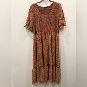 Mikarose Copper Brown Speckled purple blue green floral Smocked Midi Dress